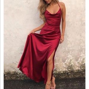 Red, A-Line, Spaghetti, Straps, long Satin Dress